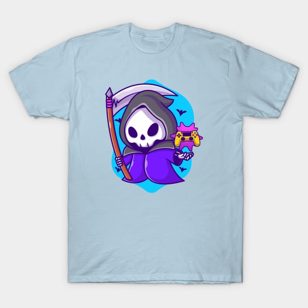 Cute Grim Reaper Gaming With Scythe Cartoon T-Shirt by Catalyst Labs